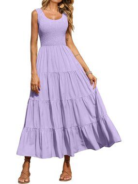 Women's Dress Maxi Purple Polyester Scoop Neck Short Vacation Casual Summer